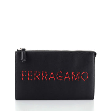 Salvatore Ferragamo Logo Flat Zip Pouch Studded Leather