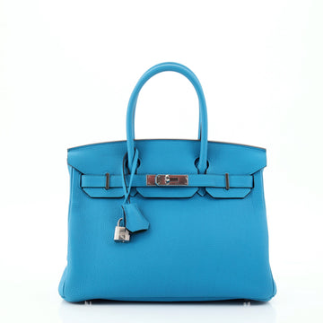 Hermes Birkin Handbag Blue Clemence with Palladium Hardware 30