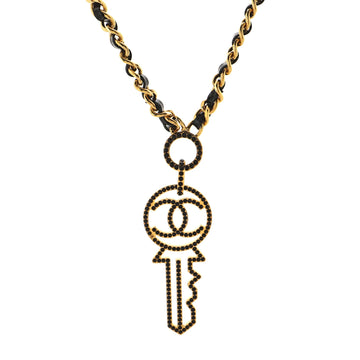 Chanel Key Pendant Necklace Metal with Leather and Crystals