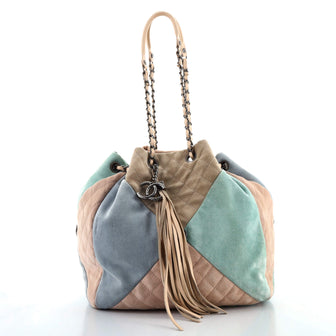 Chanel Patchwork Drawstring Bag Quilted Suede Small