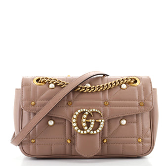 Gucci Pearly GG Marmont Flap Bag Embellished Matelasse Leather Small