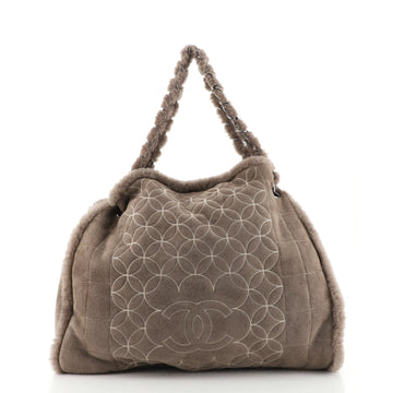 Chanel Vintage Embroidered CC Chain Tote Quilted Suede and Shearling