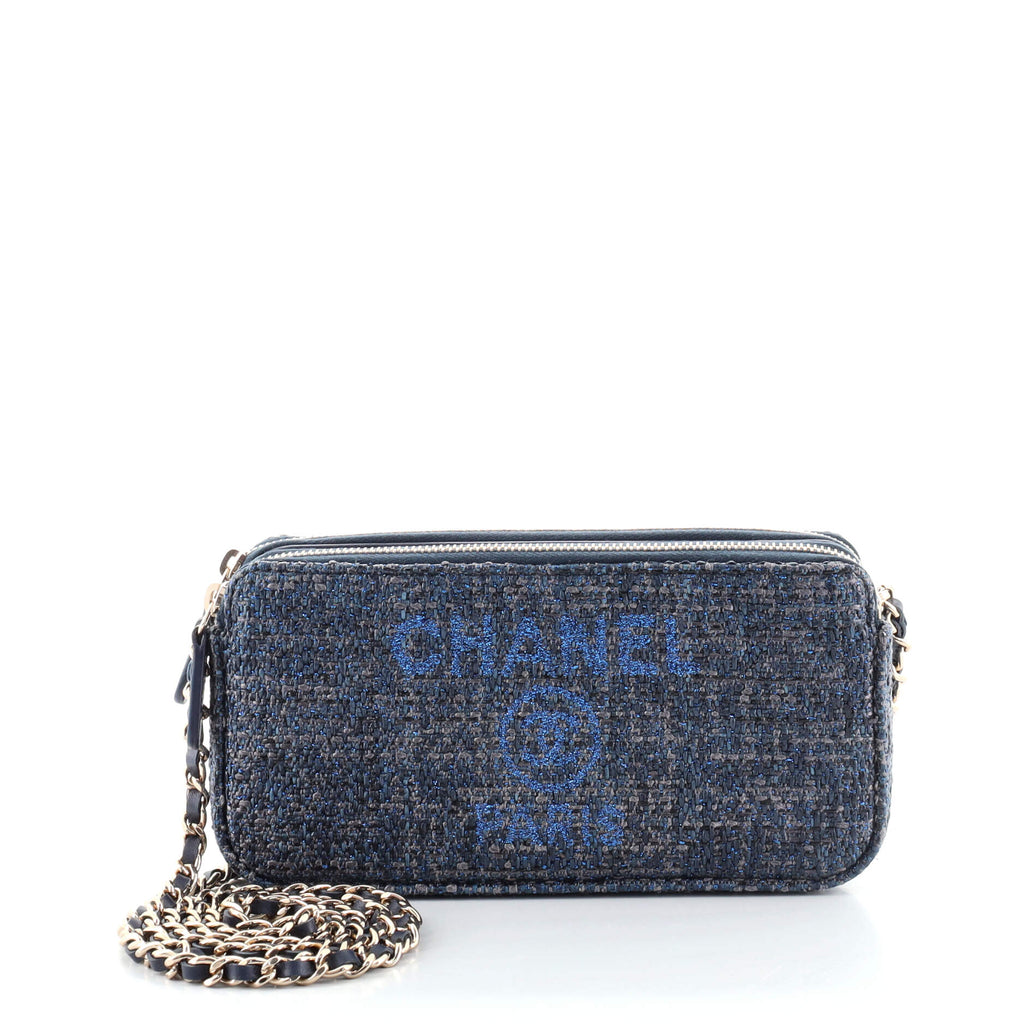 Chanel Deauville Double Zip Clutch with Chain Raffia Blue 9247851