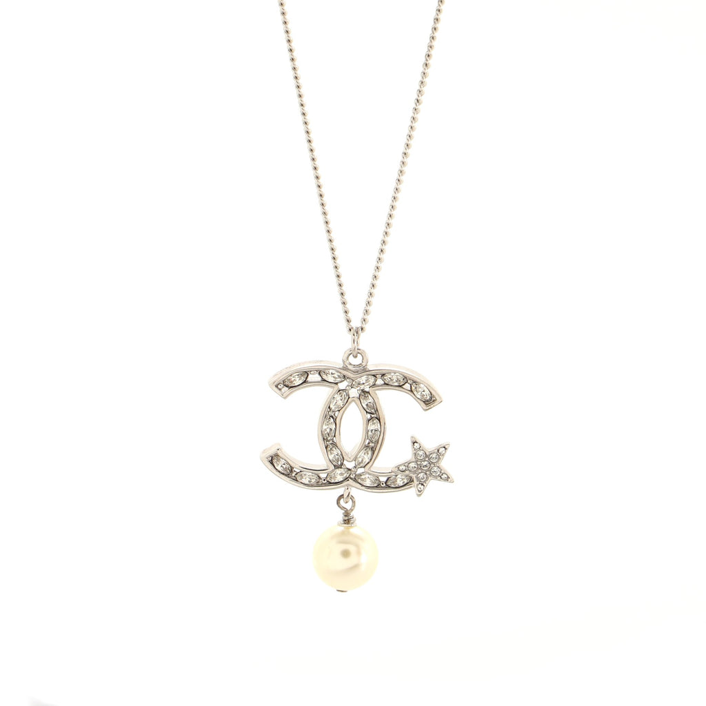 Chanel CC Star Pearl Drop Pendant Necklace Metal with Crystals and Faux  Pearl Silver 926295