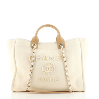 Chanel Deauville Tote Pearl Embellished Canvas Medium