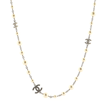 Chanel CC Long Necklace Faux Pearls and Crystal Embellished Metal