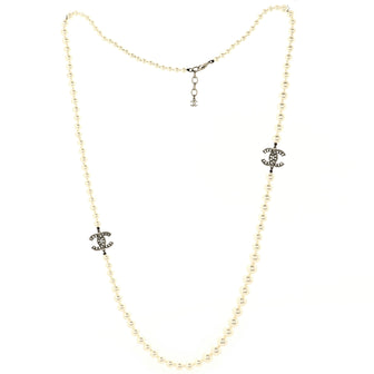 Chanel CC Long Necklace Faux Pearls and Crystal Embellished Metal