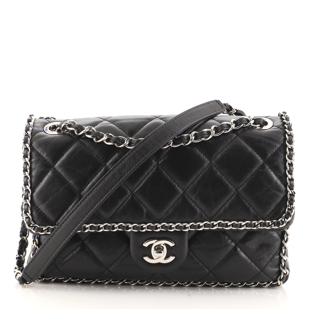 Chanel Running Chain Around Flap Bag Quilted Crumpled Calfskin Medium Black  93279117