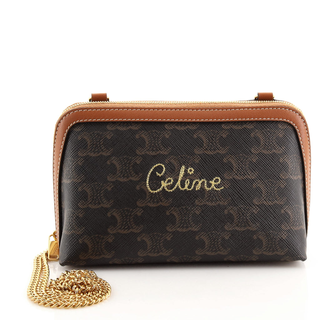 Celine Zip Around Chain Clutch Embroidered Triomphe Coated Canvas Brown  93279167