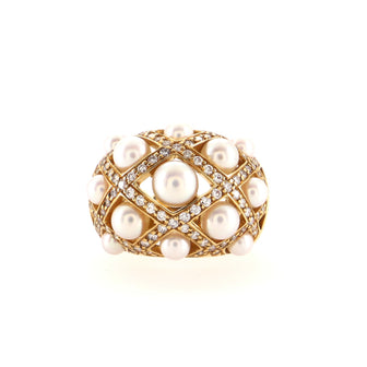 Chanel Perles Matelasse Ring 18K Yellow Gold with Cultured Pearls and Diamonds Large