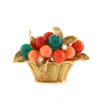 Van Cleef & Arpels Fruit Basket Brooch 18K Yellow Gold with Coral, Chalcedony and Diamonds