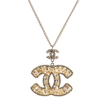 Chanel CC Pendant Long Necklace Metal with Faux Pearls Large