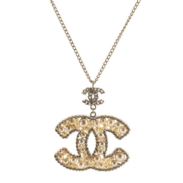 Chanel CC Pendant Long Necklace Metal with Faux Pearls Large