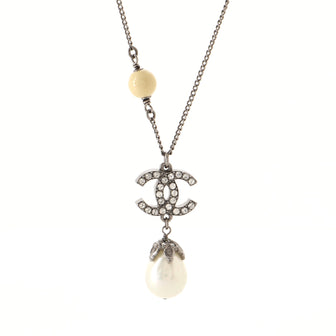 Chanel CC Teardrop Pendant Necklace Metal with Crystals and Faux Pearl