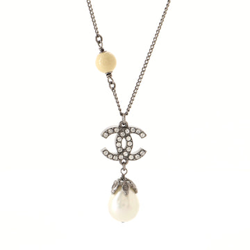 Chanel CC Teardrop Pendant Necklace Metal with Crystals and Faux Pearl