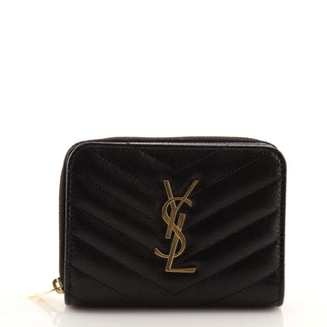Saint Laurent Classic Monogram Zip Around Wallet Matelasse Chevron Leather Compact