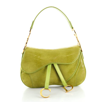 Christian Dior Vintage Double Saddle Bag Lizard Embossed Leather