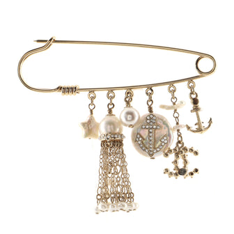 Chanel CC Anchor Charms Safety Pin Brooch Metal with Crystals and Faux Pearls