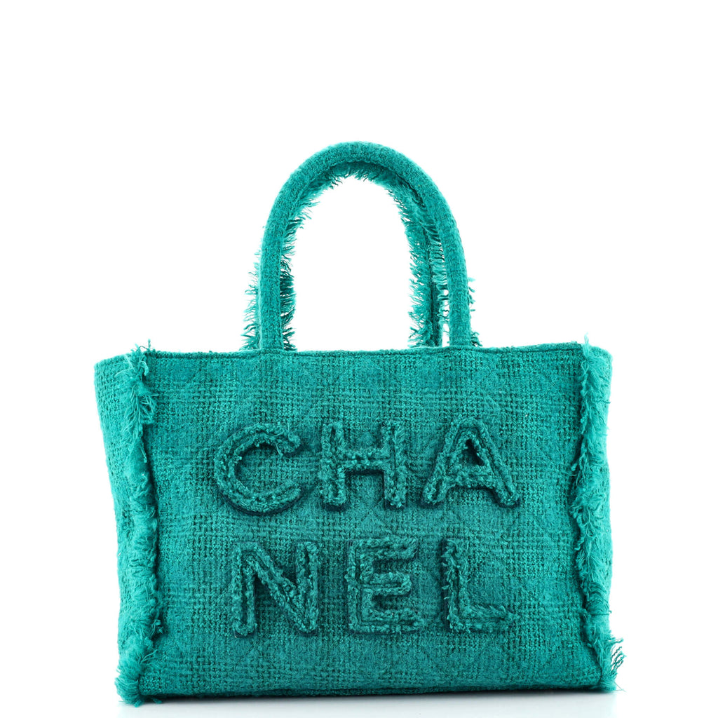 Chanel Giant Logo Shopping Bag Quilted Tweed Medium Green 937351