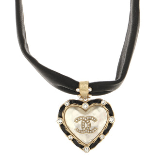 Chanel CC Heart Charm Choker Necklace Leather with Metal, Resin and Crystals