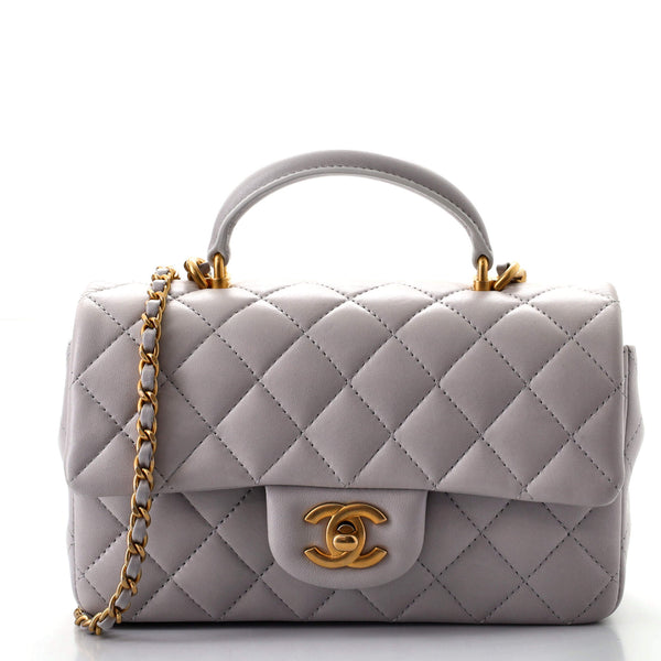 Chanel Classic Single Flap Top Handle Bag Quilted Lambskin Mini Gray 966191