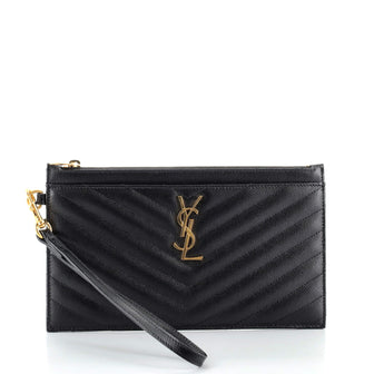 Saint Laurent Classic Monogram Zip Bill Pouch Matelasse Chevron Leather Large