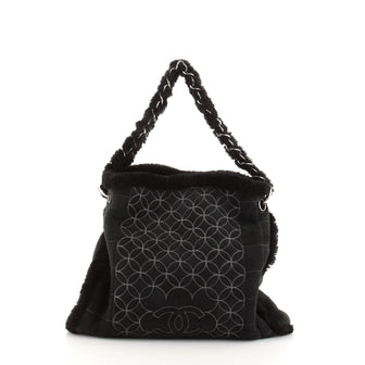 Chanel Vintage Embroidered CC Chain Tote Quilted Suede and Shearling