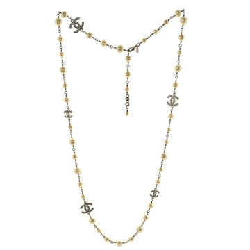 Chanel CC Long Necklace Faux Pearls and Crystal Embellished Metal