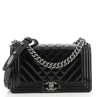 Chanel Boy Flap Bag Chevron Patent Old Medium
