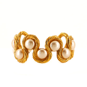 Chanel Vintage Cuff Bracelet Metal with Faux Pearls