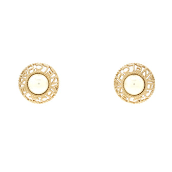 Chanel Logo Round Stud Earrings Metal and Faux Pearls