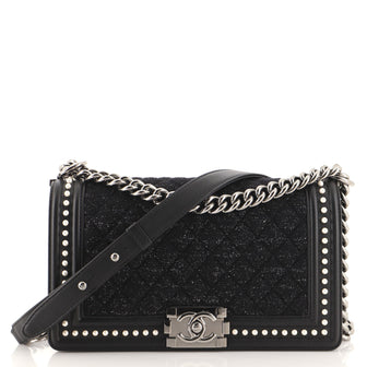 Chanel Boy Flap Bag Quilted Tweed with Pearl Embellished Calfskin Old Medium