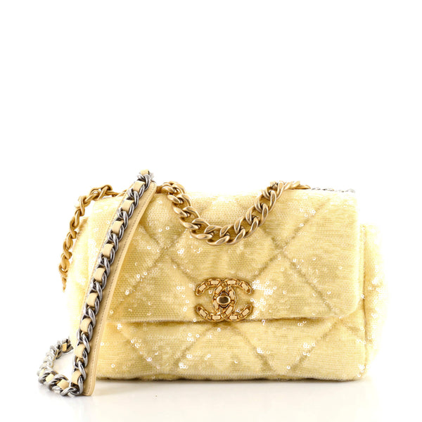 Chanel 19 Flap Bag Quilted Sequins Medium Yellow 95258169