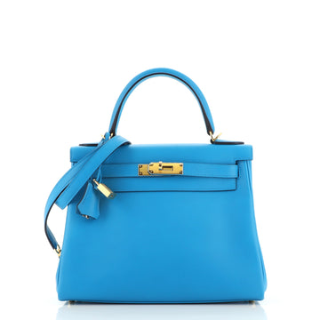 Hermes Kelly Handbag Blue Evercolor with Gold Hardware 28
