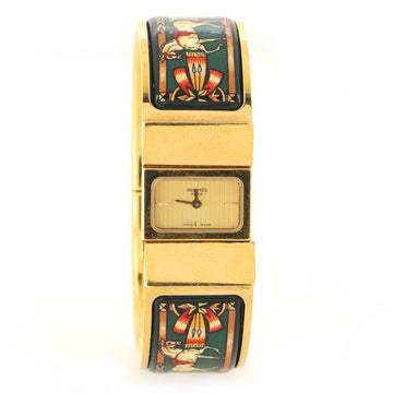 Hermes Loquet Quartz Watch Plated Metal and Printed Enamel 20