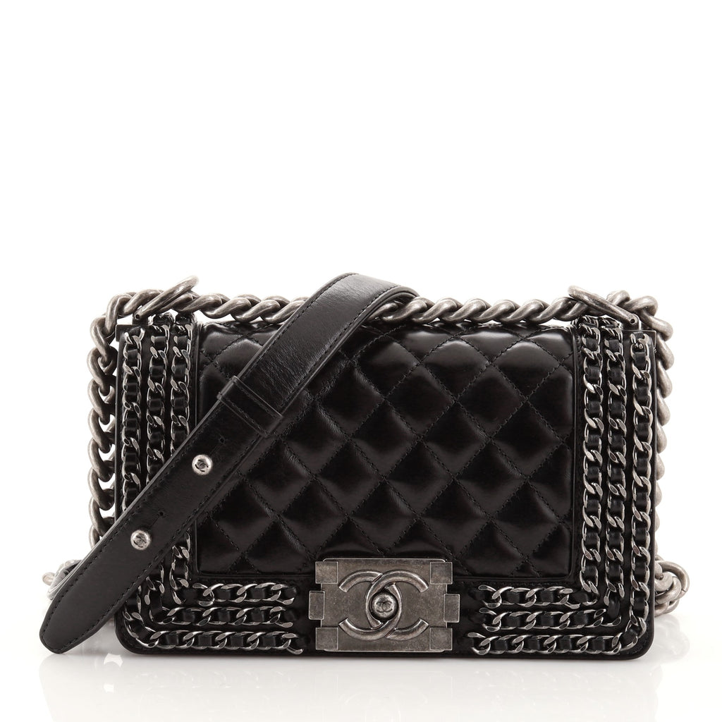 Chanel Chained Boy Flap Bag Quilted Glazed Calfskin Small Black 952801
