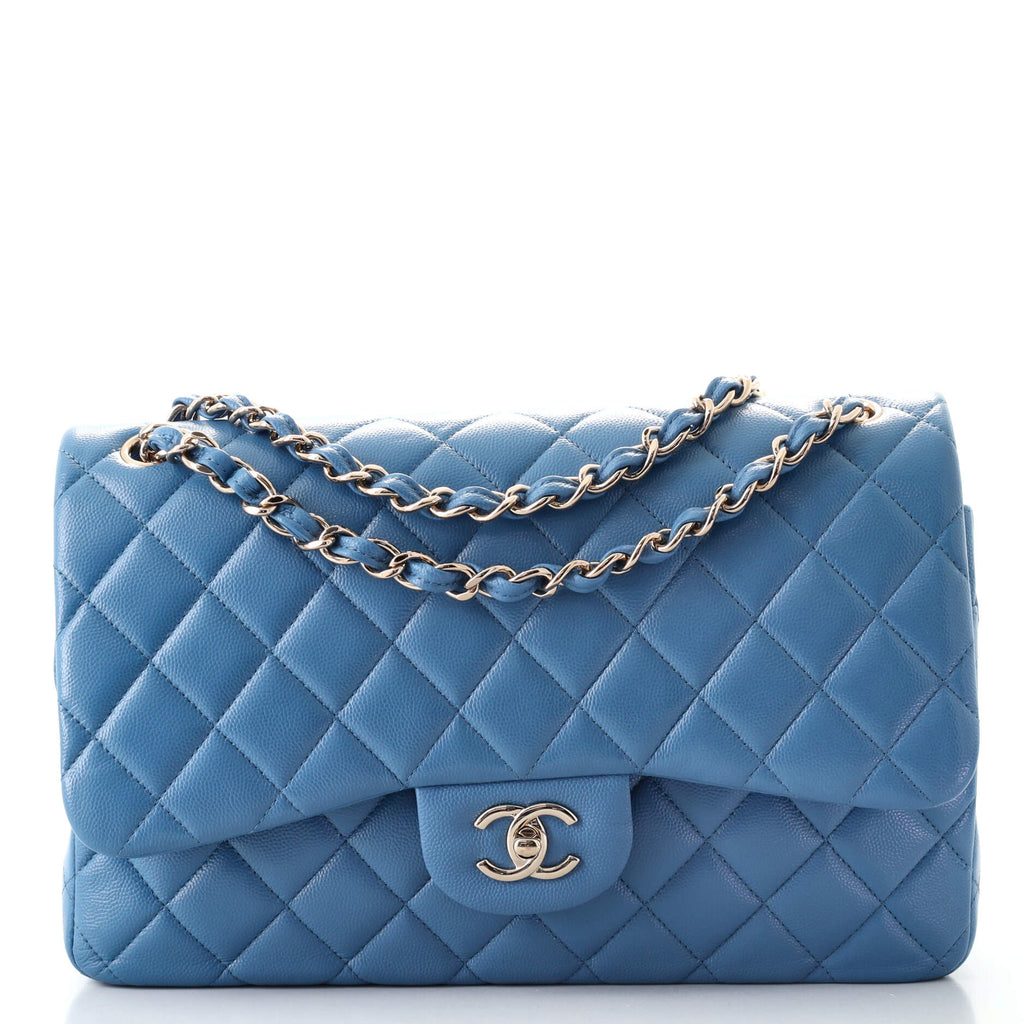 Chanel Classic Double Flap Bag Quilted Caviar Jumbo Blue 953493