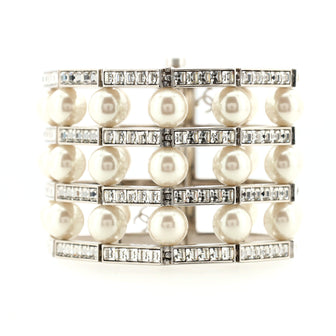 Chanel Three Row Wide Link Bracelet Metal with Crystals and Faux Pearls