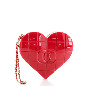 Chanel Vintage CC Chocolate Bar Heart Wristlet Clutch Quilted Plexiglass Patent Mini