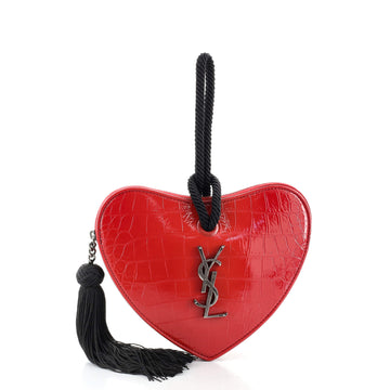 Saint Laurent Heart Tassel Clutch Crocodile Embossed Leather