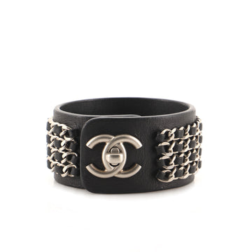 Chanel CC Turnlock Chain Cuff Bracelet Leather with Metal Wide