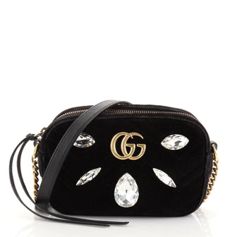 Gucci GG Marmont Shoulder Bag Crystal Embellished Matelasse Velvet Mini