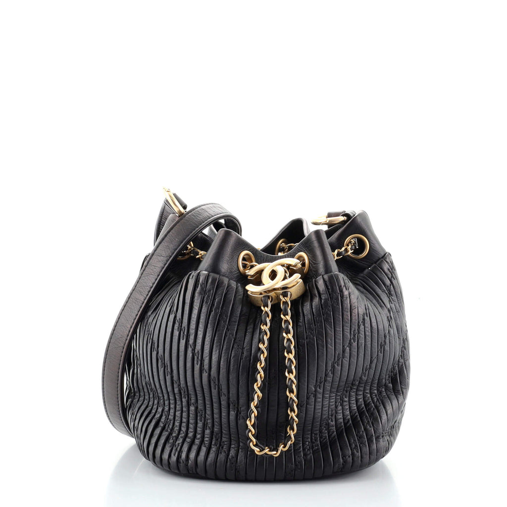 Chanel Coco Pleats Drawstring Bag Pleated Crumpled Calfskin Small Black  958531