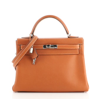 Hermes Kelly Handbag Brown Courchevel with Palladium Hardware 32