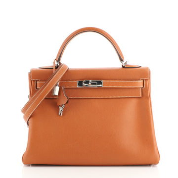 Hermes Kelly Handbag Brown Courchevel with Palladium Hardware 32