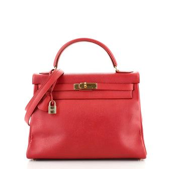 Hermes Kelly Handbag Red Courchevel with Gold Hardware 32