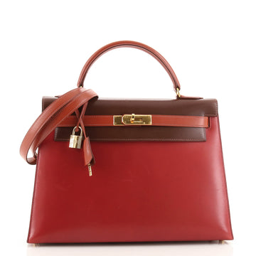 Hermes Kelly Handbag Tricolor Box Calf with Gold Hardware 32