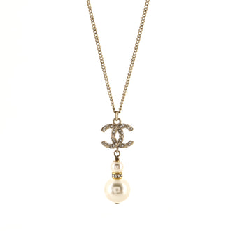 Chanel Swirl CC Drop Pendant Necklace Crystal Embellished Metal and Faux Pearl