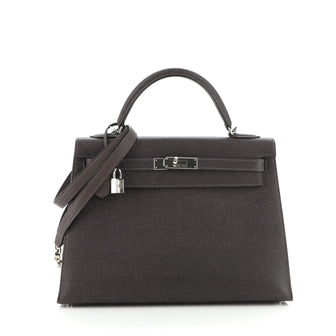 Hermes Kelly Handbag Brown Fjord with Palladium Hardware 32
