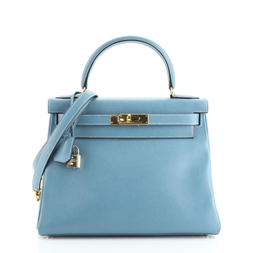 Hermes Kelly Handbag Blue Courchevel with Gold Hardware 28